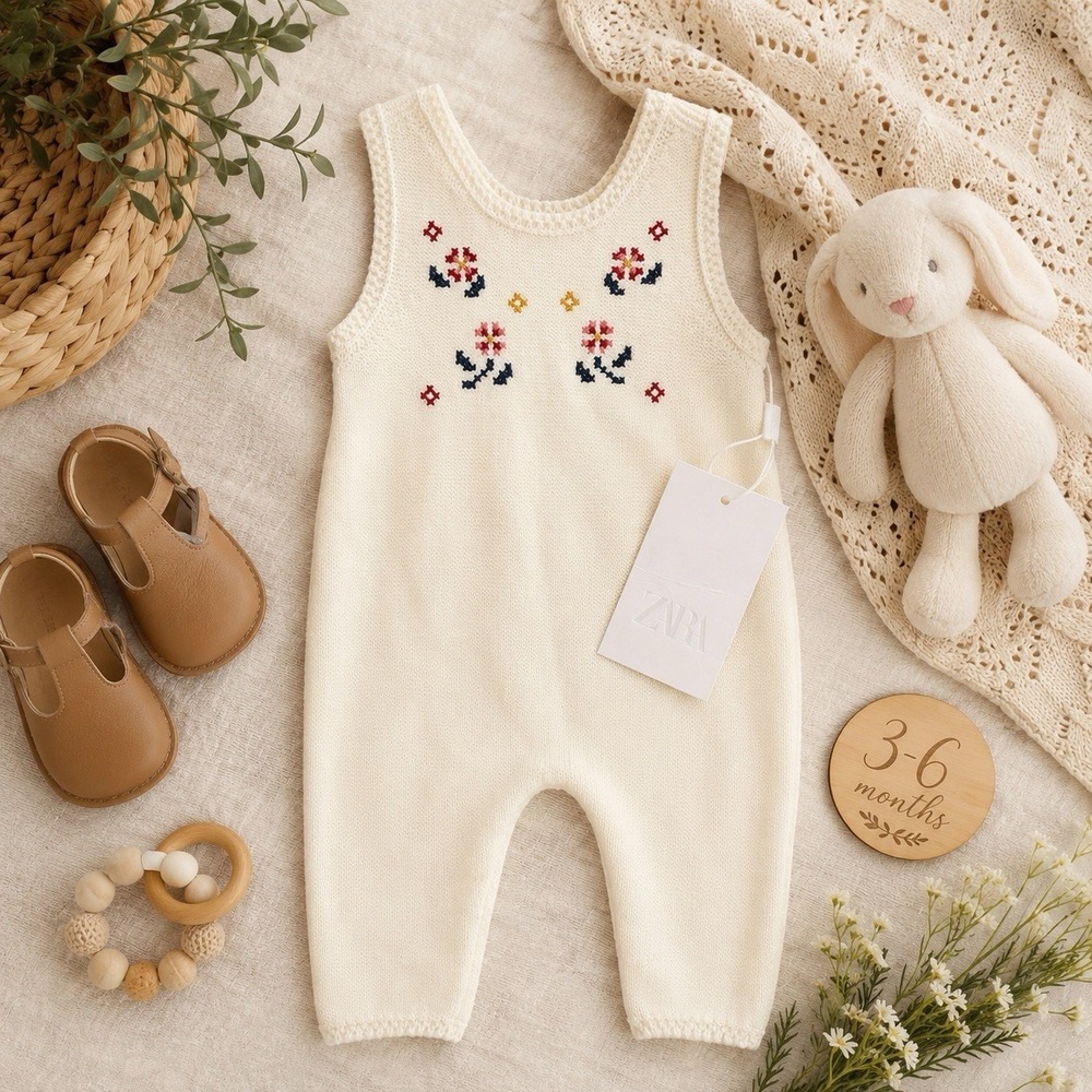 Zara Baby Knit Romper 3-6mos NEW Cream Floral Embroidered 100% Cotton One Piece